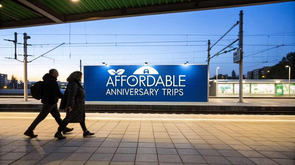 Affordable Anniversary Trips: a couple walks along a train platform at dusk beside a large billboard that reads “Affordable Anniversary Trips.”