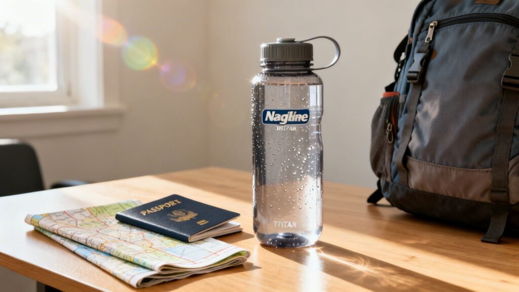 Are Nalgene bottles safe for everyday travel use, shown as a clear Nalgene Tritan water bottle on a table beside a passport, map, and backpack.