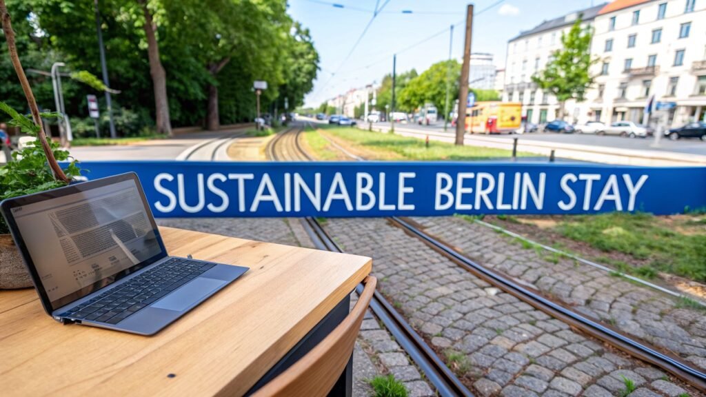 Laptop on an outdoor table beside Berlin tram tracks with “Sustainable Berlin Stay” text, illustrating best place to stay in berlin germany.