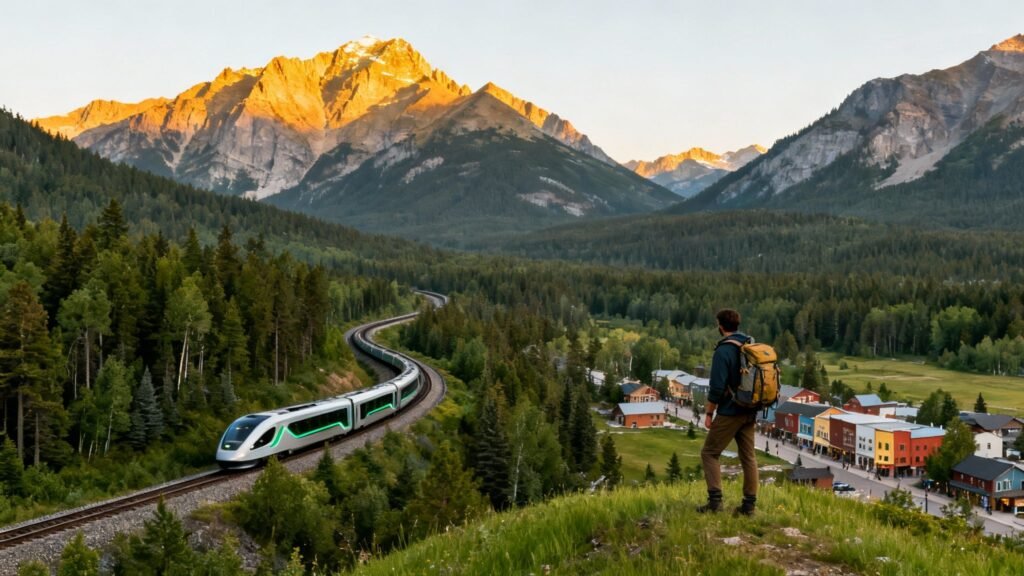 canada tourism spots with a modern train winding through a mountain valley as a traveler overlooks a small town at golden hour