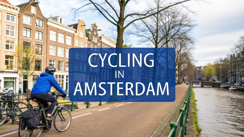 Cyclist riding along a canal-side bike path in the city, illustrating cycling in Amsterdam.