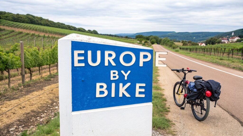 Europe by Bike” sign beside a loaded touring bicycle on a scenic country road through vineyards, illustrating europe by bike.