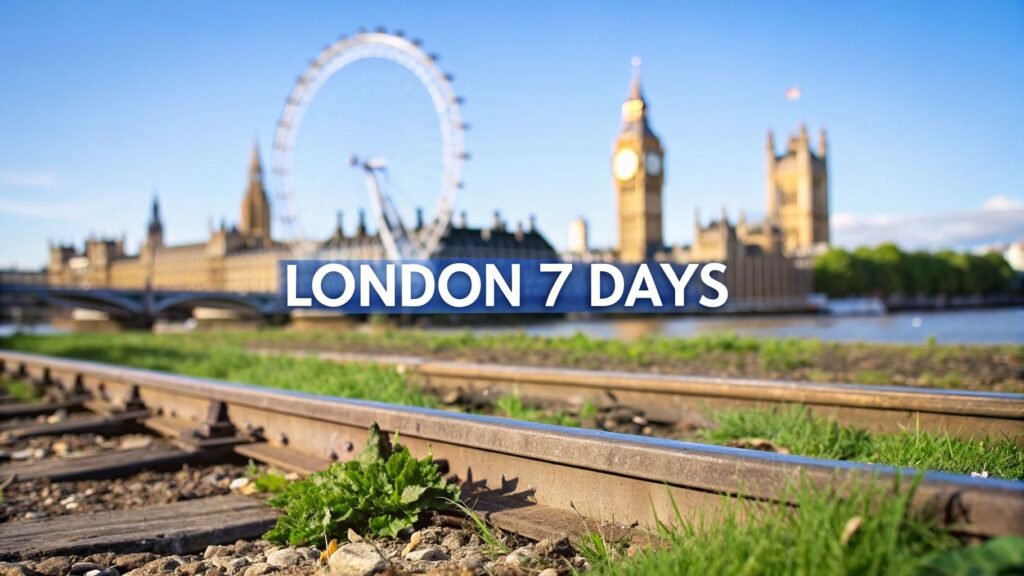 London skyline with the London Eye, Big Ben, and Parliament across the Thames, featuring london itinerary 7 days text overlay.