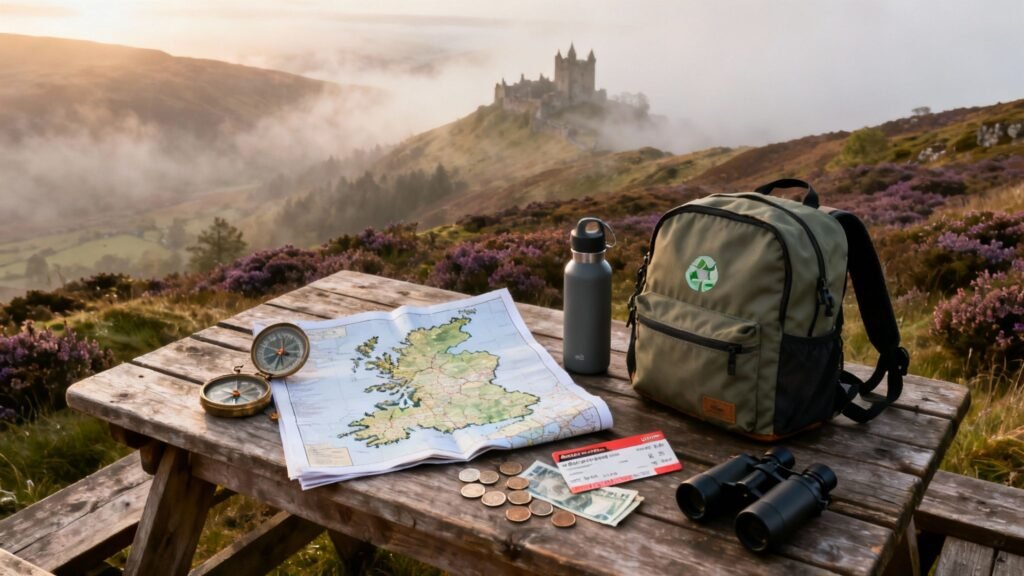 Scotland trip cost planning essentials with a map, backpack, water bottle, coins, and travel tickets on a wooden table in the Highlands
