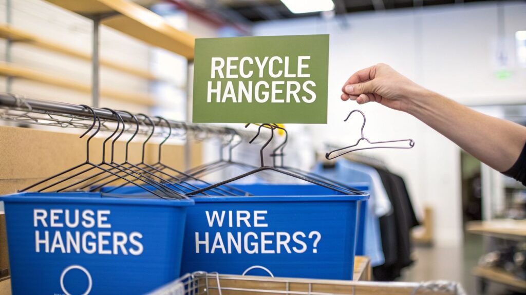 Are wire hangers recyclable image showing wire hangers sorted into reuse and recycling bins at a clothing facility