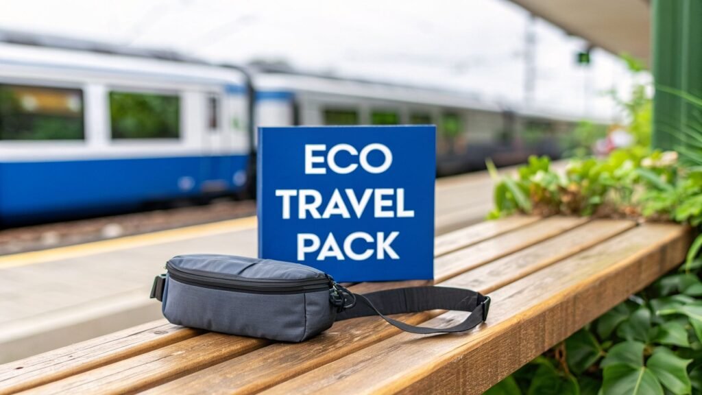 Belt fanny pack resting on a wooden bench at a train station with an eco travel sign in the background