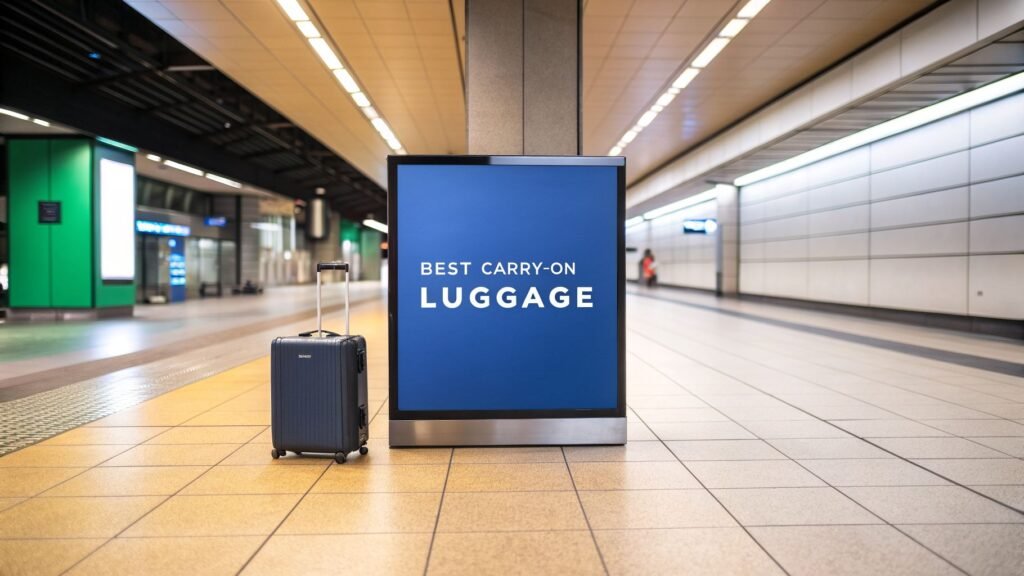Best carry on luggage with wheels standing in a modern terminal beside a travel sign