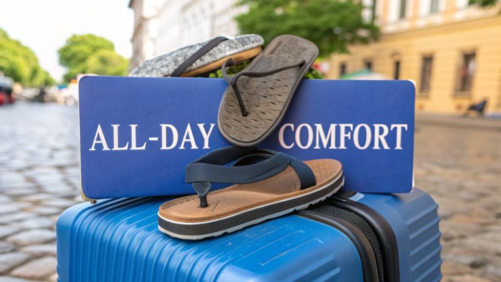 Best flip flops for walking displayed on luggage with an all-day comfort sign in a city travel setting