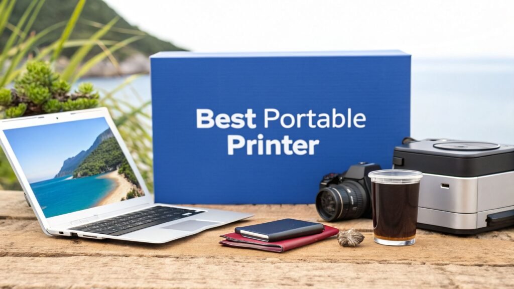 Best portable printer image showing a compact printer, laptop, camera, and travel essentials on an outdoor table by the water