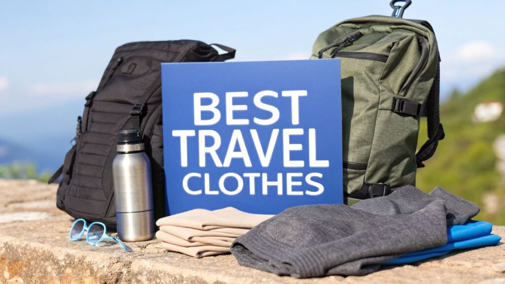 Best travel clothes displayed with backpacks, folded apparel, and travel gear in an outdoor setting