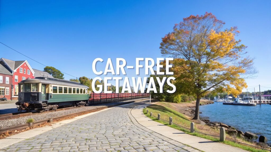 Scenic rail line along a waterfront path with autumn trees, representing the best weekend getaways new england for a relaxing car-free trip.