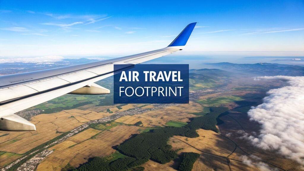 Airplane wing view over fields and clouds, illustrating the carbon footprint of air travel and why flight emissions matter.