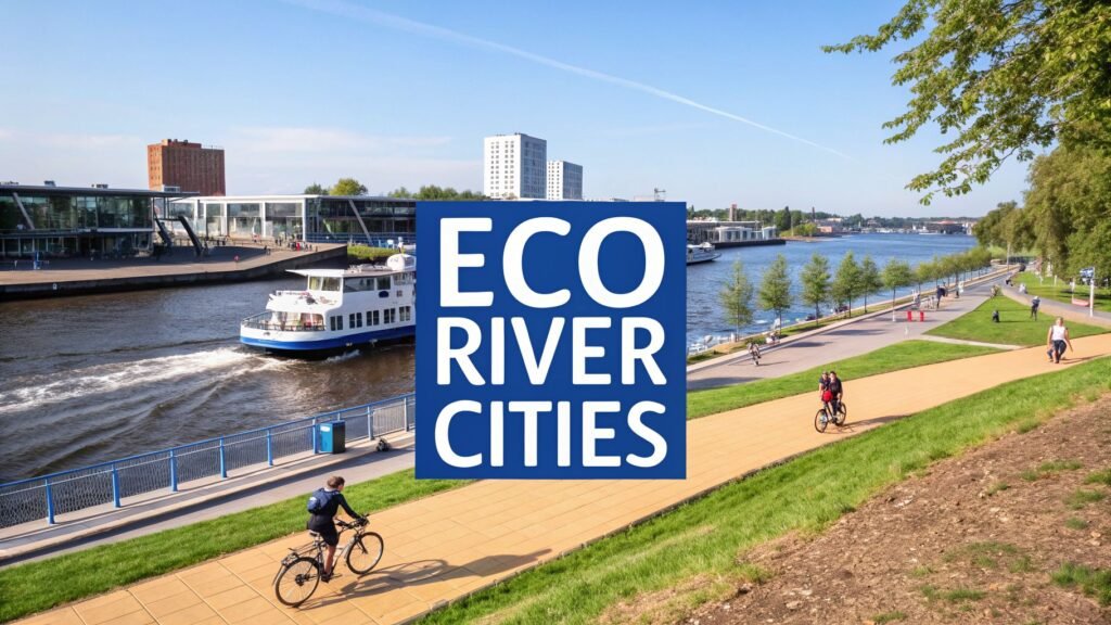 Urban riverfront scene with cyclists, walkway, and riverboat representing eco-friendly river cities and waterfront travel