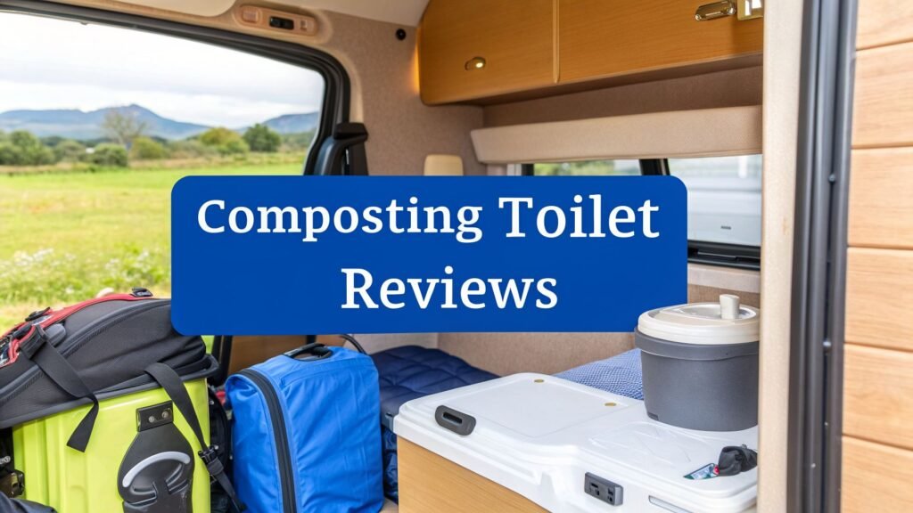 Composting toilet reviews image showing a modern portable toilet inside a camper van for sustainable living and off-grid travel