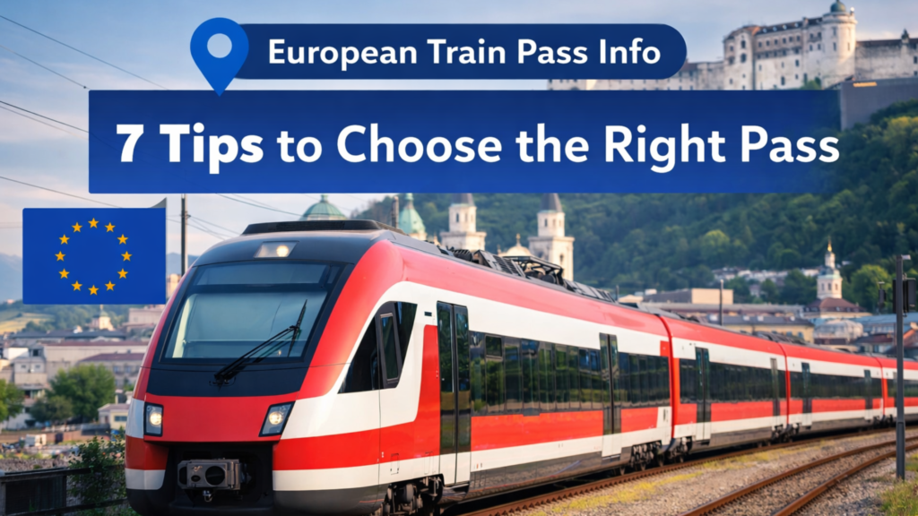 European Train Pass Info banner featuring a modern red and white train with a city backdrop and text about choosing the right rail pass