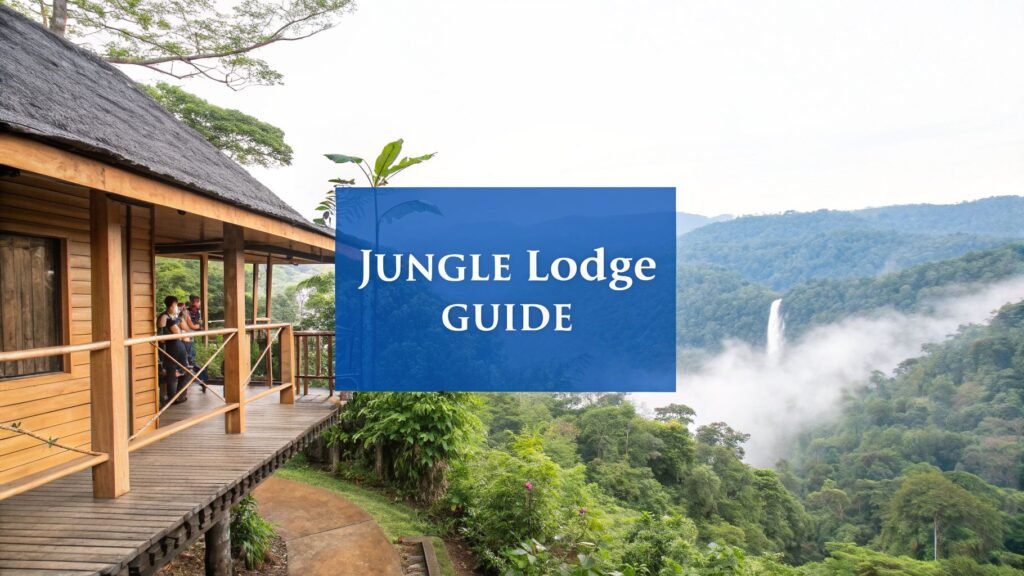 Iguazu Jungle Lodge hotel overlooking lush rainforest with a scenic waterfall view beside a wooden lodge terrace