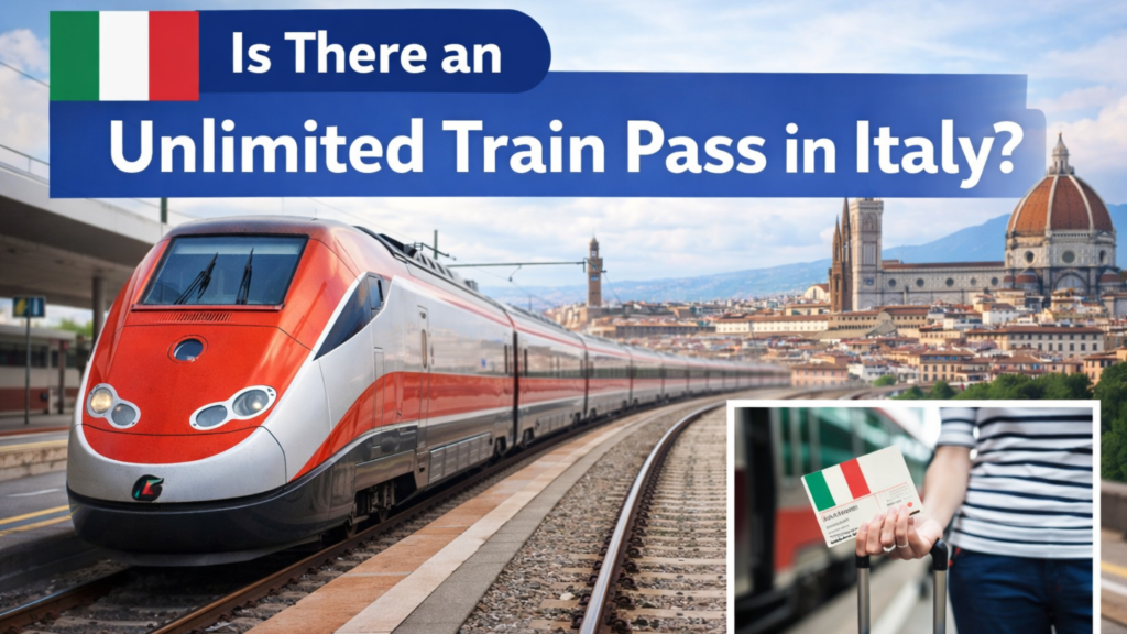 Is there an unlimited train pass in Italy banner showing a modern high-speed train, Florence skyline, and an Italian rail pass