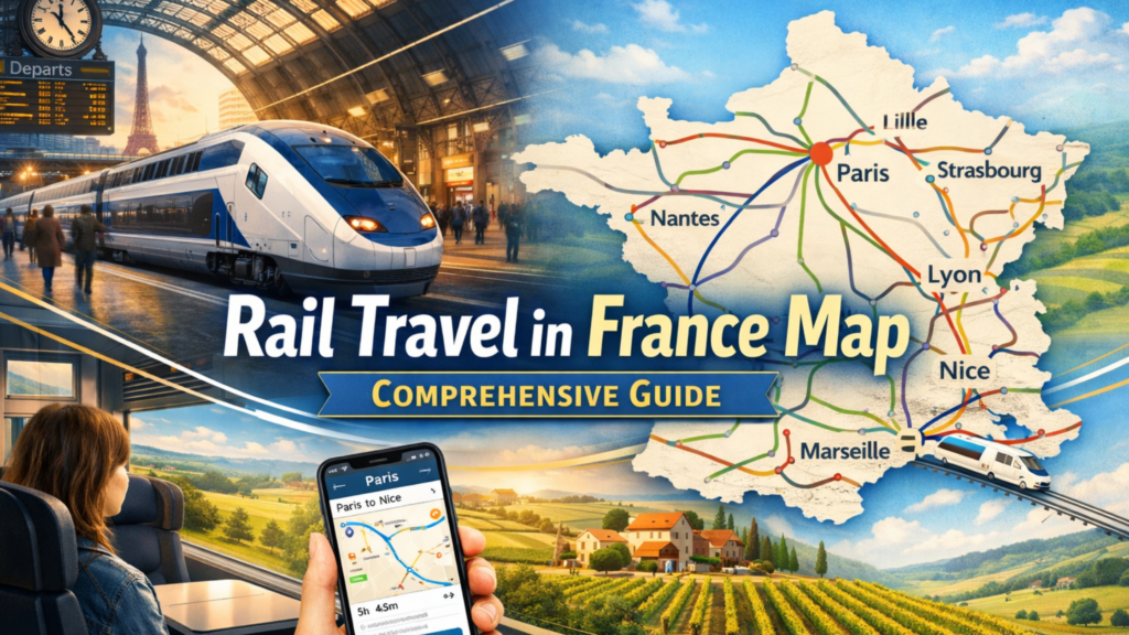 Blog banner showing a high-speed train in a French station, a rail map of France, scenic countryside, and digital route planning for a rail travel in France map guide.