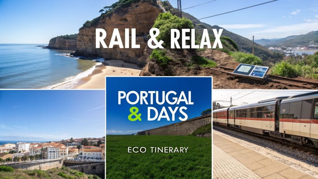 Portugal travel collage with scenic coastline, trains, and local views, illustrating an 8 days in Portugal itinerary focused on rail travel and relaxed sightseeing.