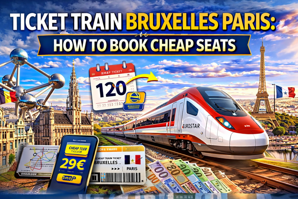 Ticket Train Bruxelles Paris blog banner featuring a Eurostar train, Brussels landmarks, the Eiffel Tower, and visual cues for finding cheap train fares.