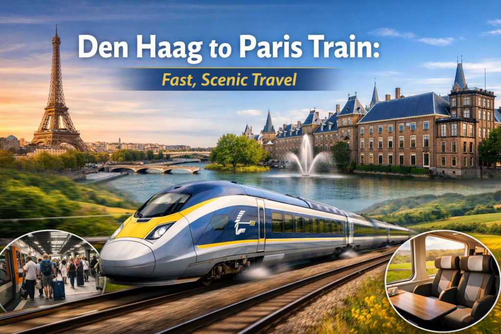 Den Haag to Paris train blog banner featuring the Eiffel Tower, the Binnenhof in Den Haag, a high-speed train, station boarding, and a comfortable train interior.