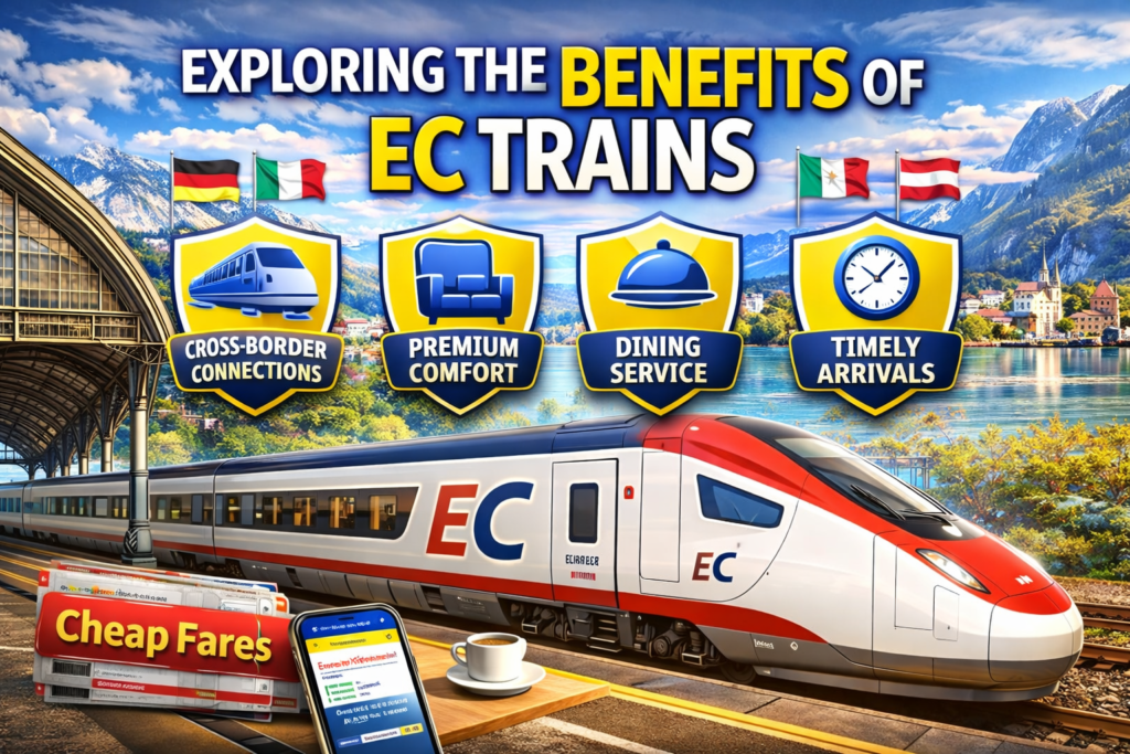 Exploring the Benefits of EC Trains blog banner featuring a modern EuroCity train, scenic European mountains, a station platform, and icons highlighting comfort, dining, and cross-border travel.