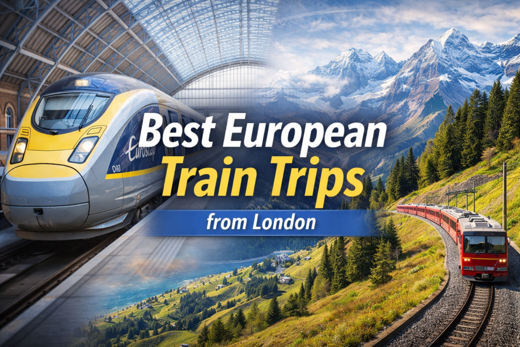 Best European Train Trips from London blog banner featuring a Eurostar train at St Pancras International and a scenic alpine rail journey through the mountains.