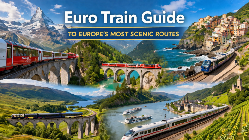 Euro Train Guide blog banner featuring scenic European rail routes through the Alps, coastal villages, river valleys, and iconic mountain landscapes.