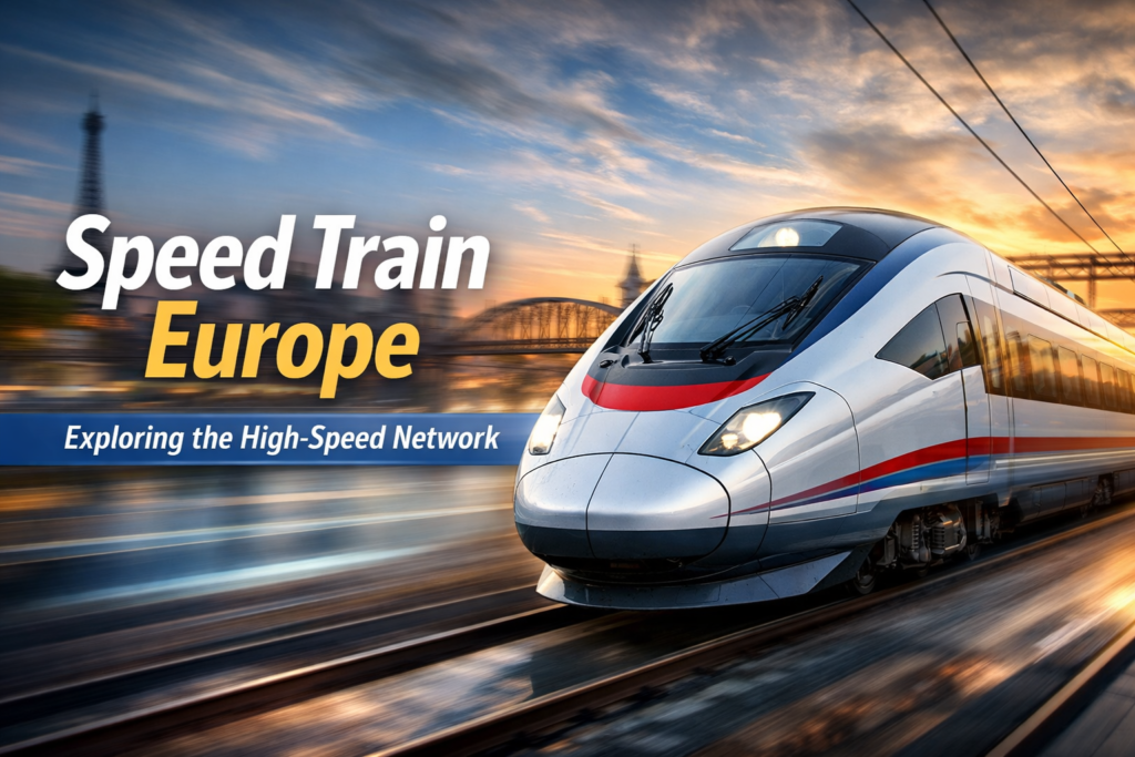 Speed Train Europe blog banner featuring a modern high-speed train racing through a European cityscape at sunset.