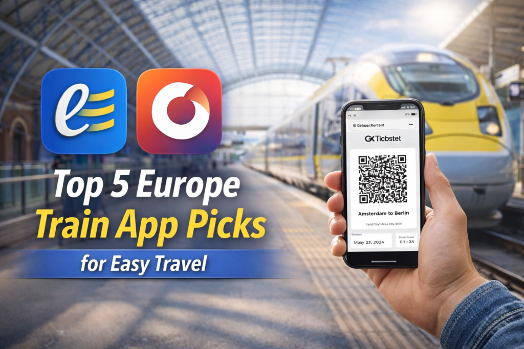 Top 5 Europe Train App Picks for Easy Travel blog banner featuring a smartphone with a QR code ticket, app icons, and a modern European train at a station.
