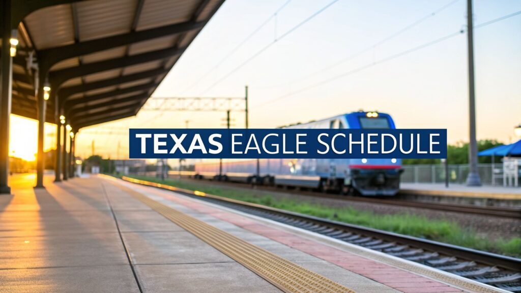 Amtrak Texas Eagle schedule displayed over a train station platform with a passenger train in the background at sunset