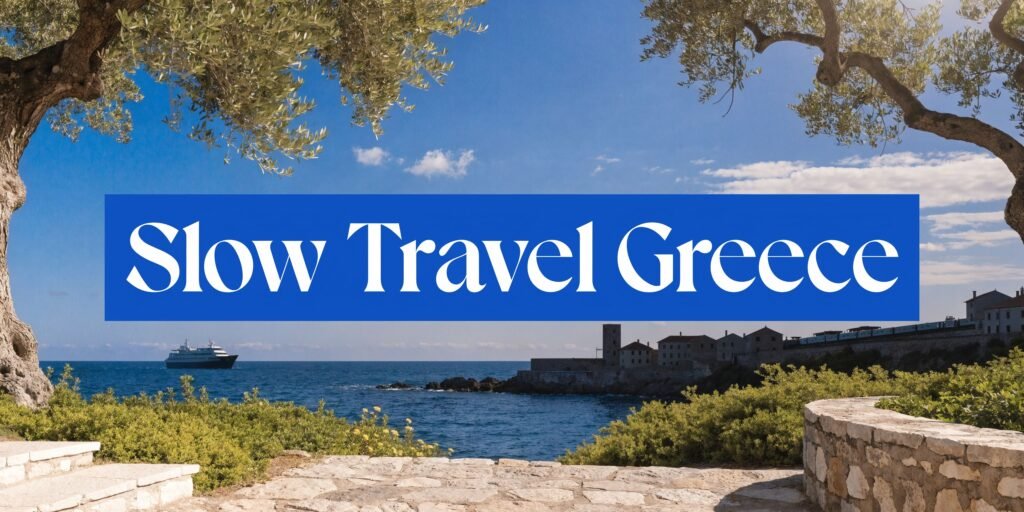 Coastal view in Greece with olive trees and sea, representing the best city in Greece for slow travel and scenic stays