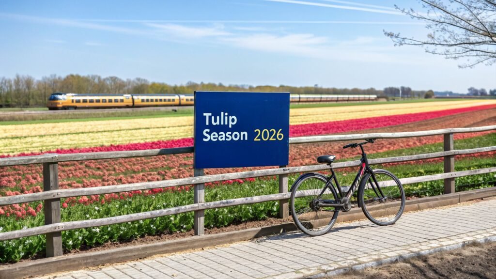 Tulip fields in Holland with a passing train, a bicycle, and a Tulip Season 2026 sign during the best time to see tulips in Holland