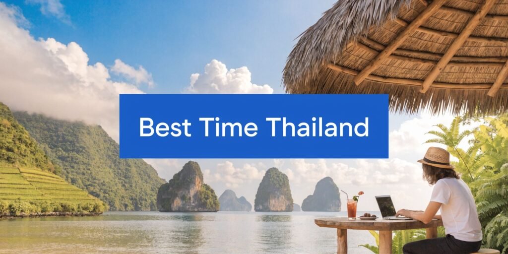Digital nomad working by the water in a tropical setting, illustrating the best time to travel to Thailand for sunshine, scenery, and remote work
