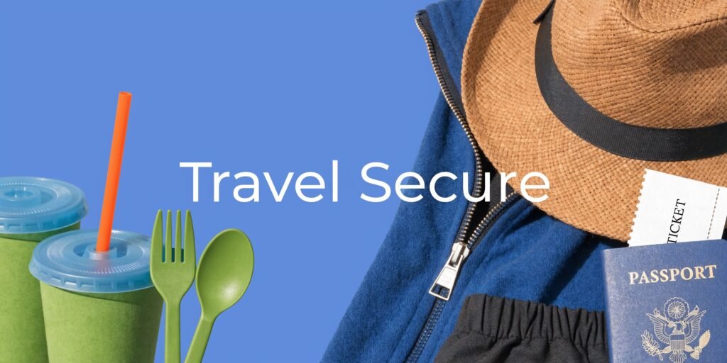 Passport, ticket, travel clothing, and reusable items arranged together, representing the best travel money belt and secure travel essentials