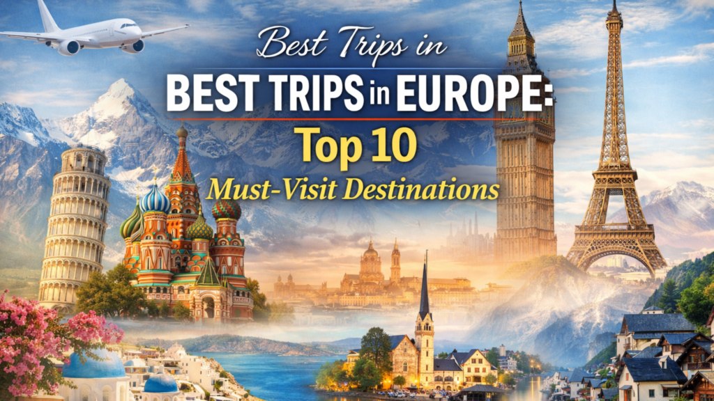 Blog banner featuring iconic European landmarks including the Eiffel Tower, Big Ben, Santorini, Hallstatt, and the Leaning Tower of Pisa, highlighting the best trips in Europe.