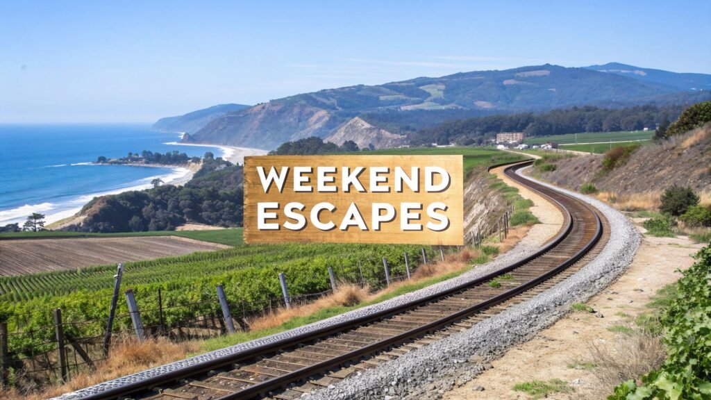 Coastal rail line beside the ocean, illustrating best weekend trips in California for scenic train travel and car-free getaways