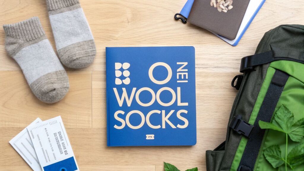 Best wool socks travel flatlay with socks, a backpack, boarding passes, and a notebook on a wooden floor