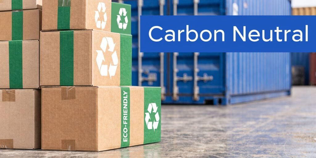 Stacked cardboard boxes with recycling symbols in a shipping area, illustrating carbon neutral shipment and sustainable packaging practices