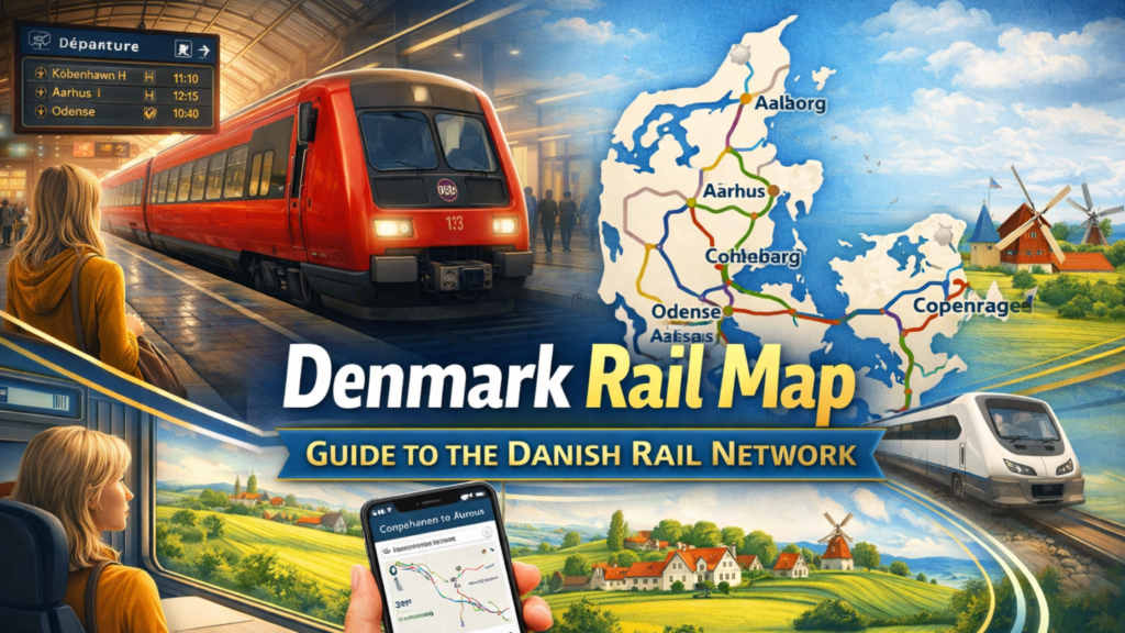 Blog banner featuring a Danish train at a station, a Denmark rail map with major cities, scenic countryside views, and a smartphone route planner for a Denmark rail map guide.