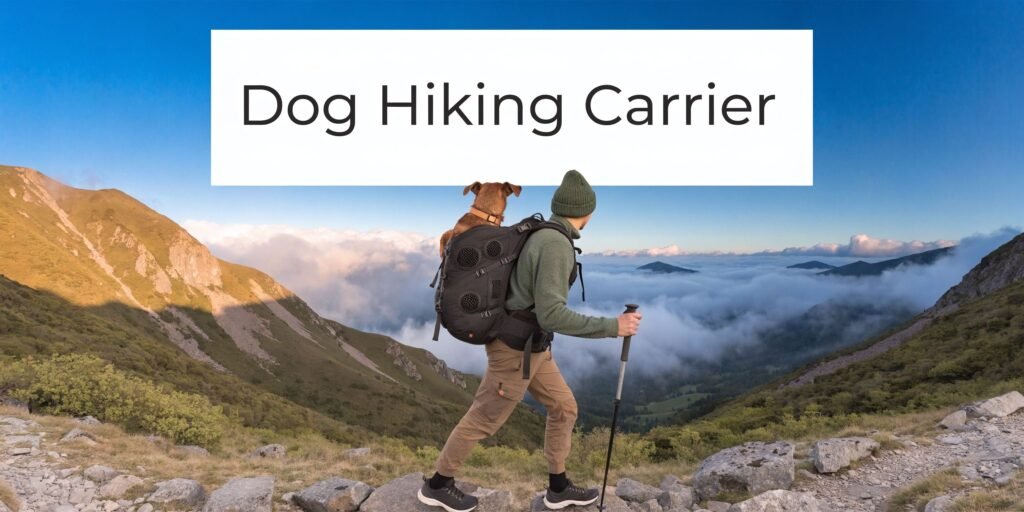 Hiker carrying a small dog in a backpack on a mountain trail, illustrating a dog backpack carrier for hiking in a scenic outdoor setting