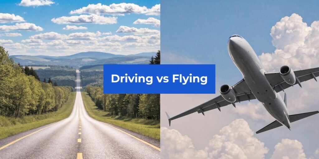 Split-screen road and airplane image representing a driving vs flying calculator for comparing travel time, cost, and trip planning options