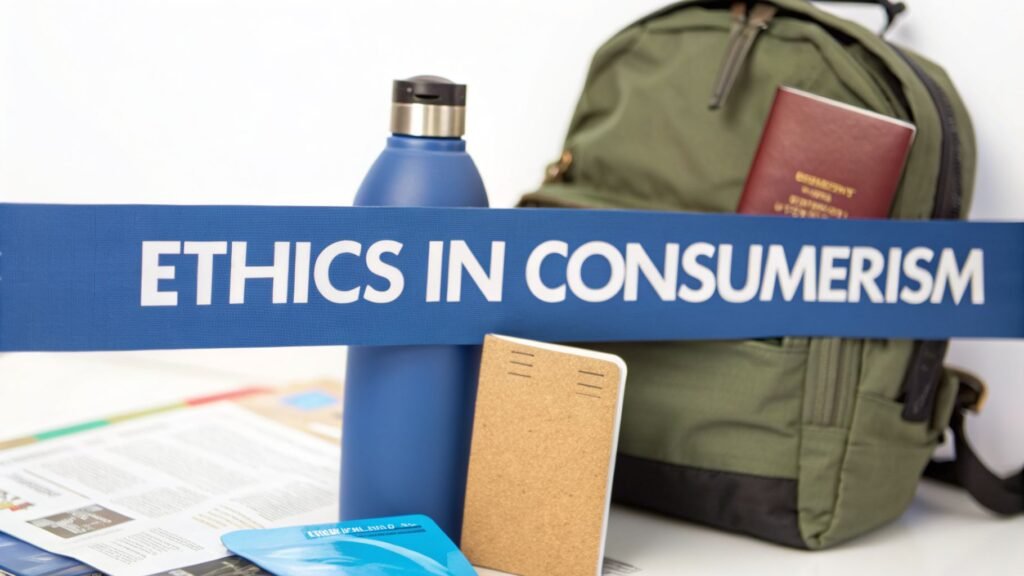 Reusable water bottle, notebook, newspaper, and travel backpack with passport, illustrating ethics in consumerism and practical sustainable product choices