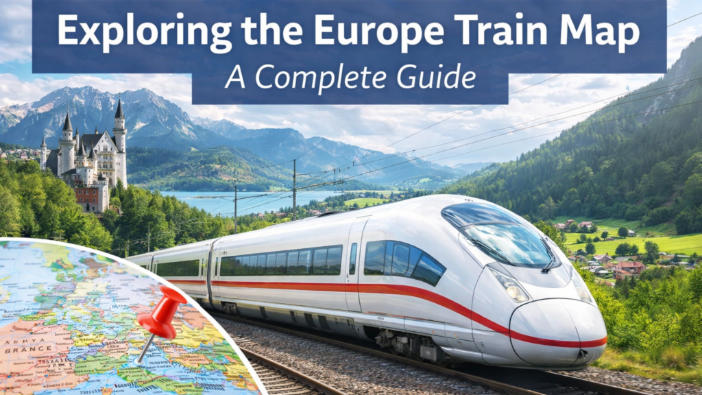 Blog banner featuring a high-speed train, a Europe map with a push pin, and scenic mountain landscapes for a Europe train map guide.