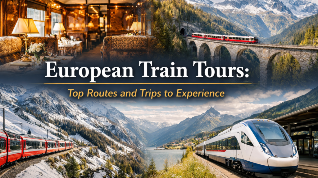 European Train Tours blog banner featuring luxury and scenic rail journeys across Europe, including alpine routes, a viaduct crossing, and a modern train at a mountain station.