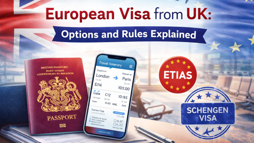 Blog banner featuring a British passport, travel itinerary smartphone, ETIAS icon, and Schengen visa graphic, illustrating European visa from UK travel rules.
