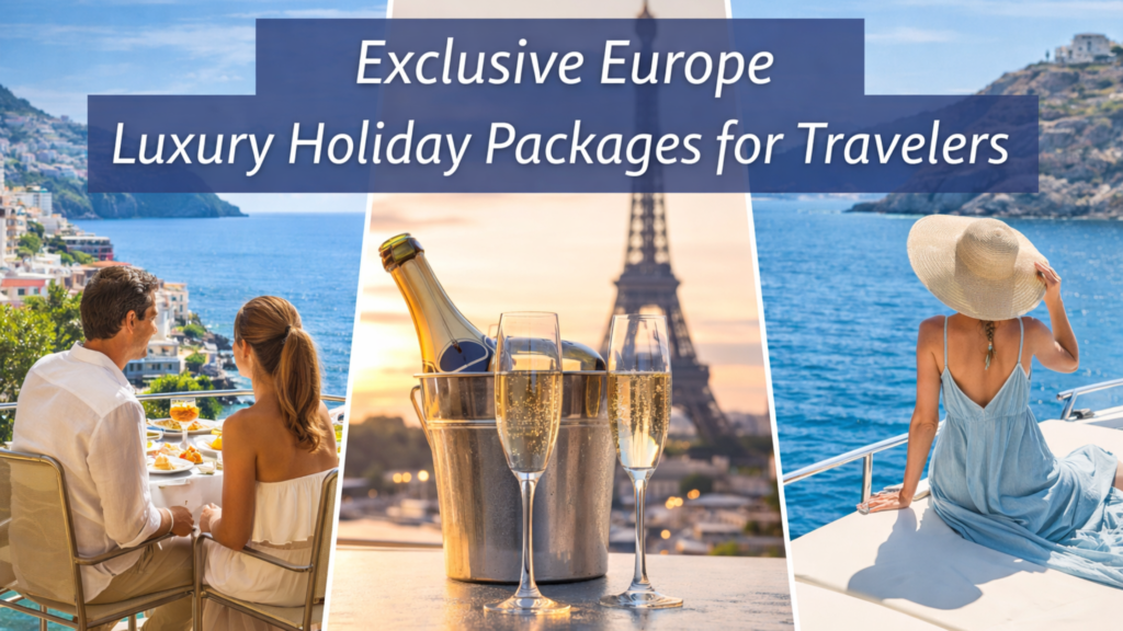 Luxury travel banner showing an Amalfi Coast breakfast terrace, champagne by the Eiffel Tower, and a yacht escape, illustrating exclusive Europe holiday packages for travelers.