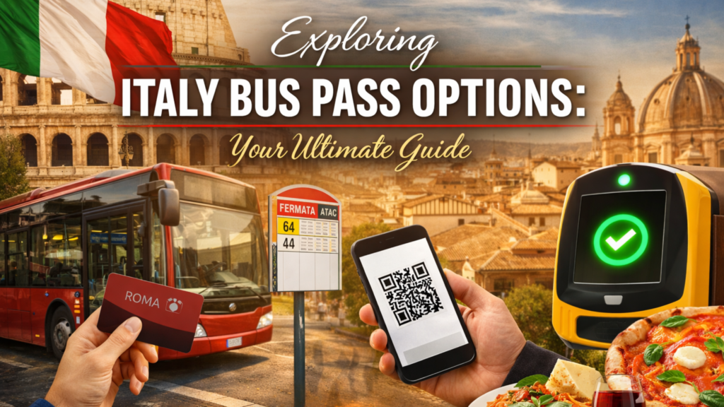 Blog banner featuring a Rome city backdrop, local bus, transit card, QR code ticket, and contactless validator for an Italy bus pass guide.