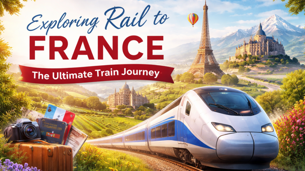 Blog banner featuring a sleek high-speed train, French landmarks, and travel gear, illustrating the appeal of rail to France for a scenic train journey.