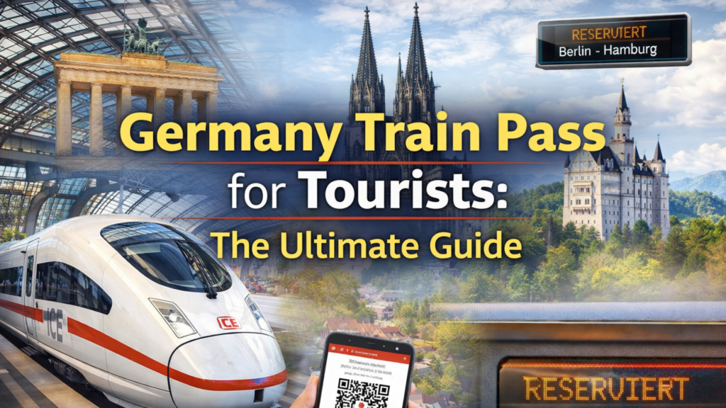 Blog banner featuring an ICE train, German landmarks, a DB Navigator mobile ticket, and a seat reservation display for a Germany train pass for tourists guide.